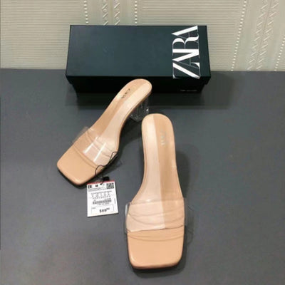 Za2024summernew arrival thick heel women's shoes square toe one strap high heels women's pvc open toe open heel glass heel cool