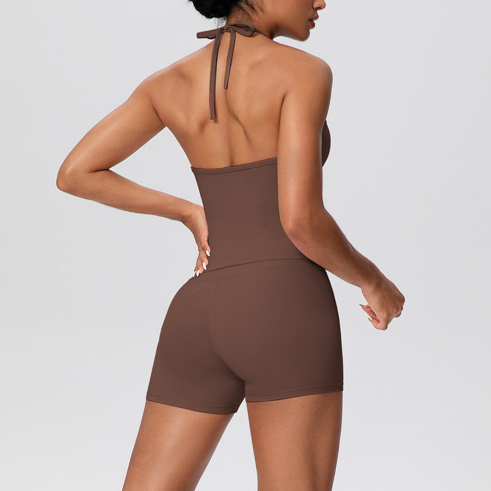 New arrival cross-border pure color brushed beautiful back strap halterhigh waist yoga clothes suit sports running fitness suit for women