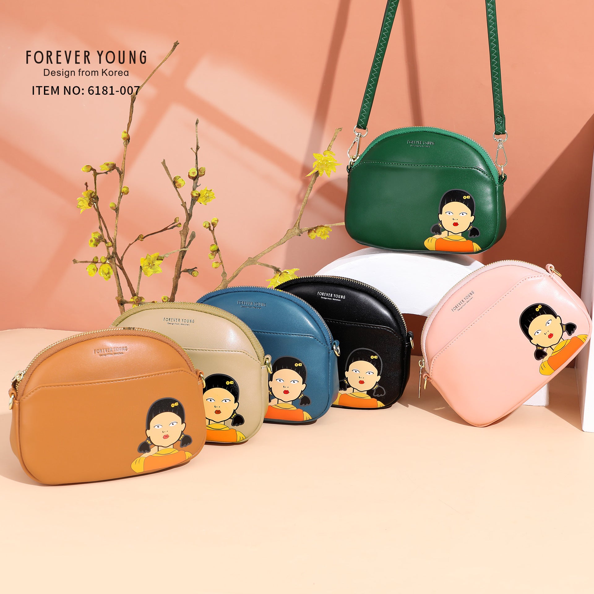 Foreveryoung simple PU women's bag Korean shoulder bag student messenger bag printed double zipper mobile phone bag