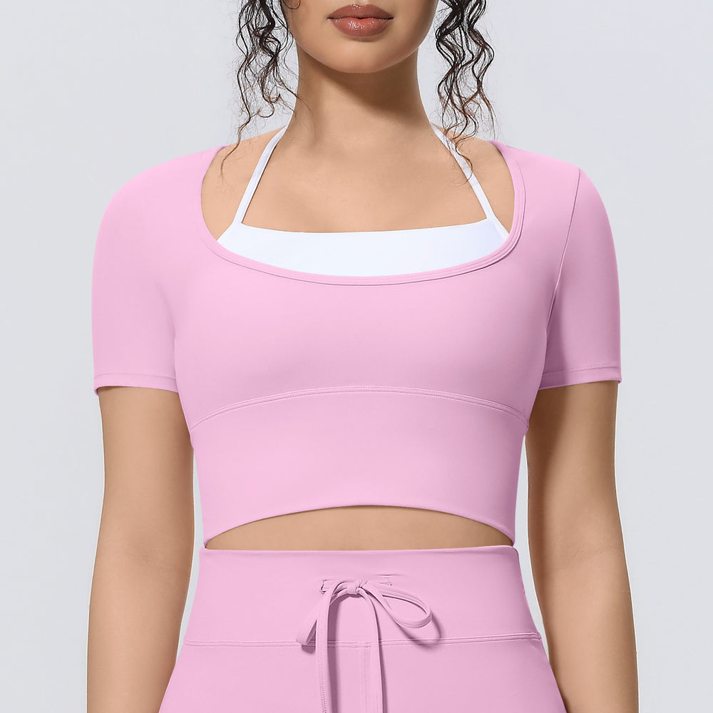 New arrival cross-border nude double-piece fake two-piece pure color short-sleeved t-shirt tops tight sports running fitness yoga clothes