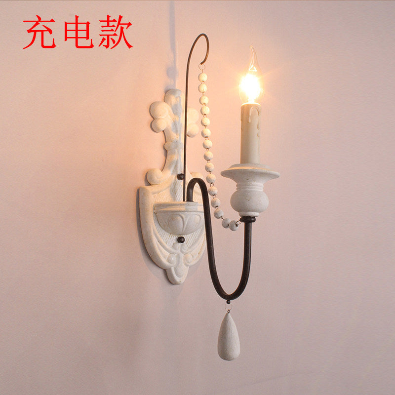 American retro wall lamp - cordless charging, solid wood, french style for living room, bedroom, bedside, hallway, stairway, candle wall sconce