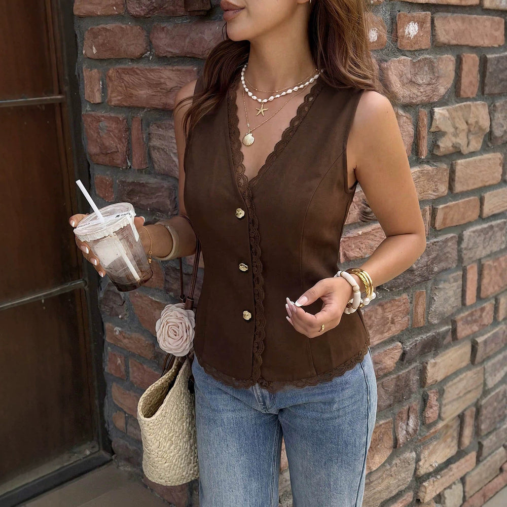 gentle style lacevest dark brown v neck lace single-breasted silm slit sleeveless outer shirt