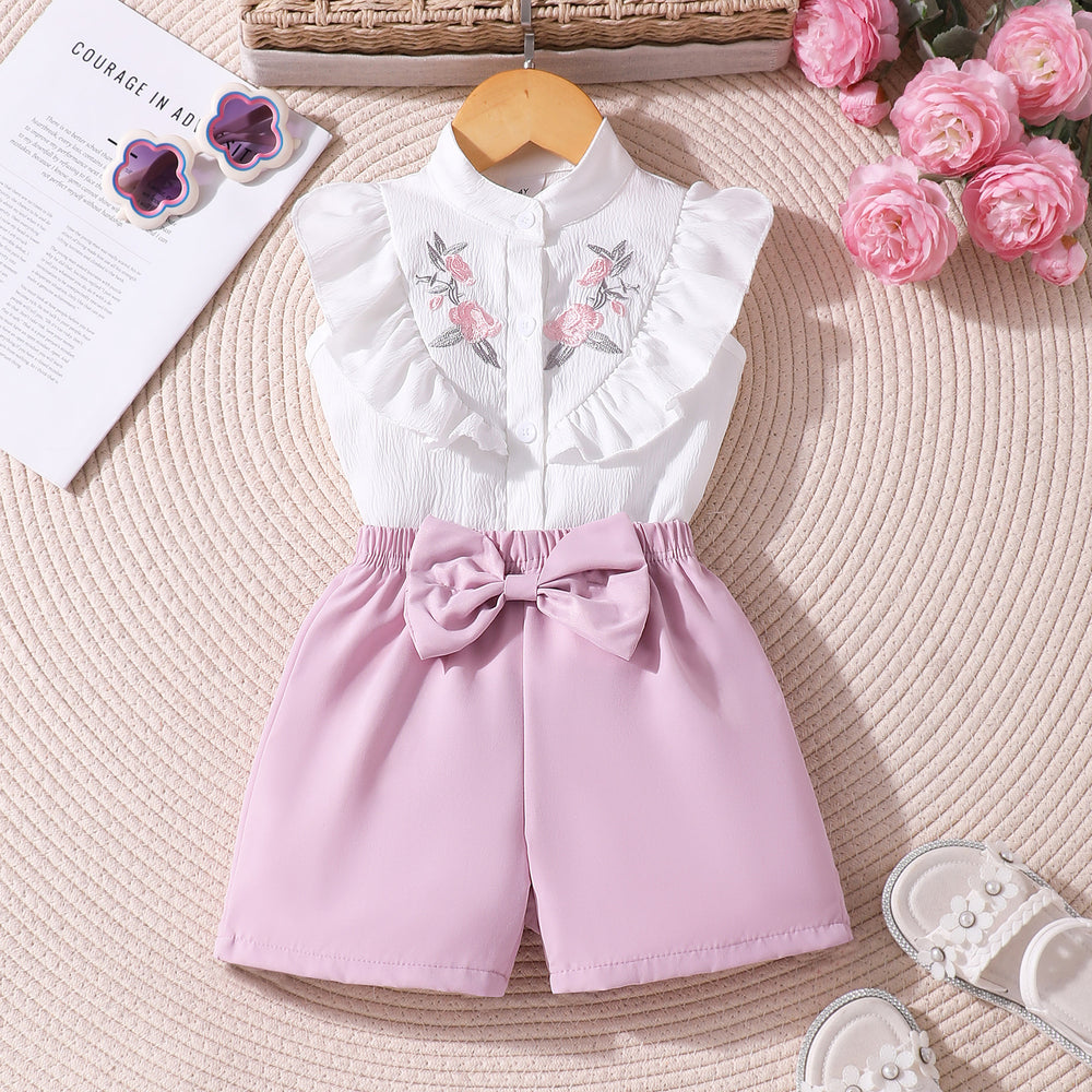 Girls' two-piece set: floral double-layer ruffle ribbed top + floral shorts, embroidered for young children