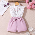 Girls' two-piece set: floral double-layer ruffle ribbed top + floral shorts, embroidered for young children