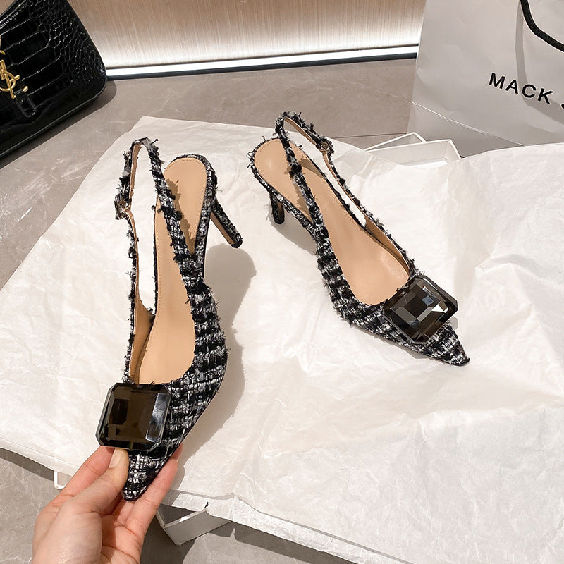 2026 spring new arrivalelegant baotou back hollow sandals pointed toe rhinestone thin heel fashion women's shoes woolen inside spring