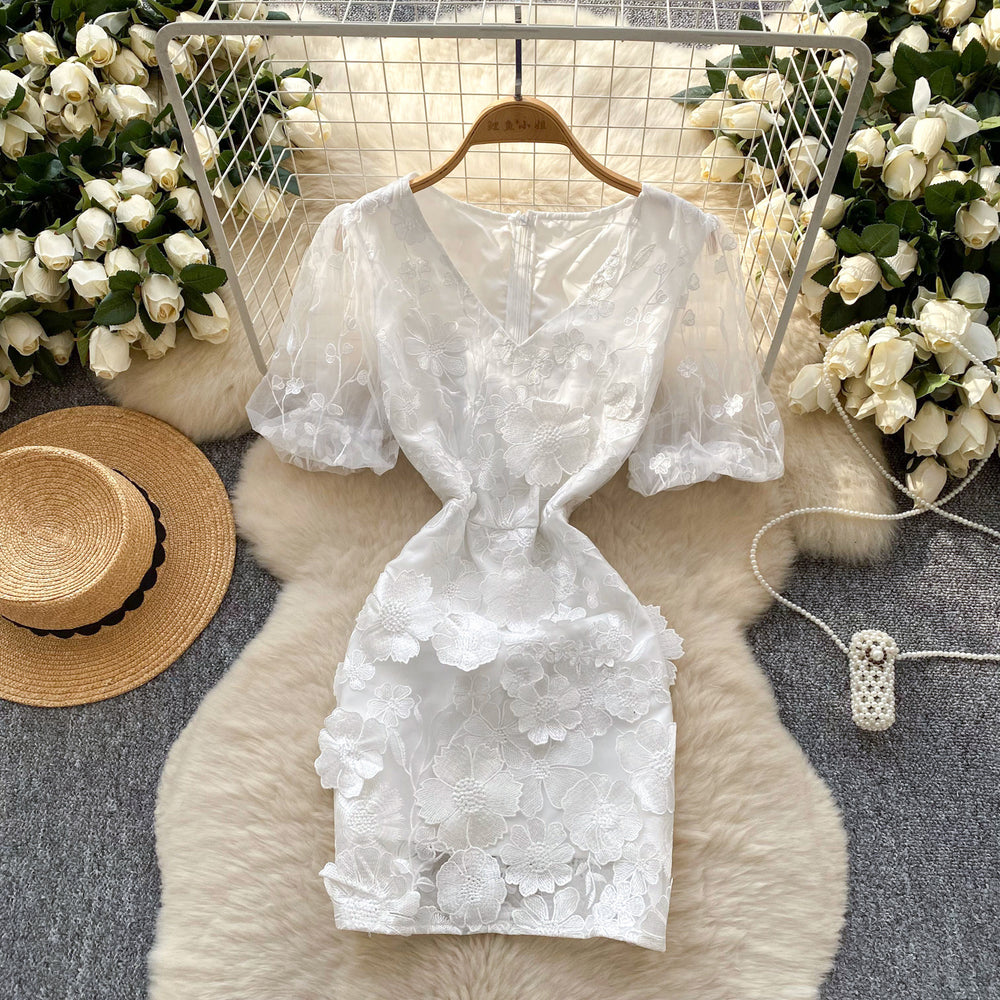 French style outfit for women french palace heavy industry embroider mesh puff sleeves waist dress for women slimming lookelegantdress
