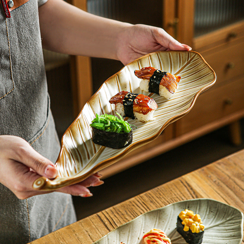 Vintage leaf ceramic creative long plate - sushi plate, western food & pastry plate, fruit & breakfast plate, exquisite dessert plate