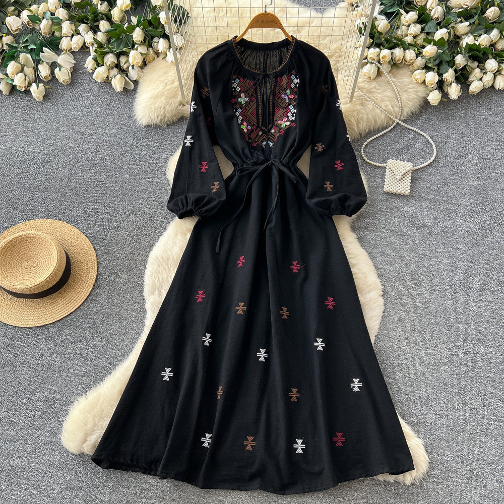 Ethnic style heavy industry embroider red dress women's summerk-stylelong sleeves waist slimming look a-line long skirt holiday style