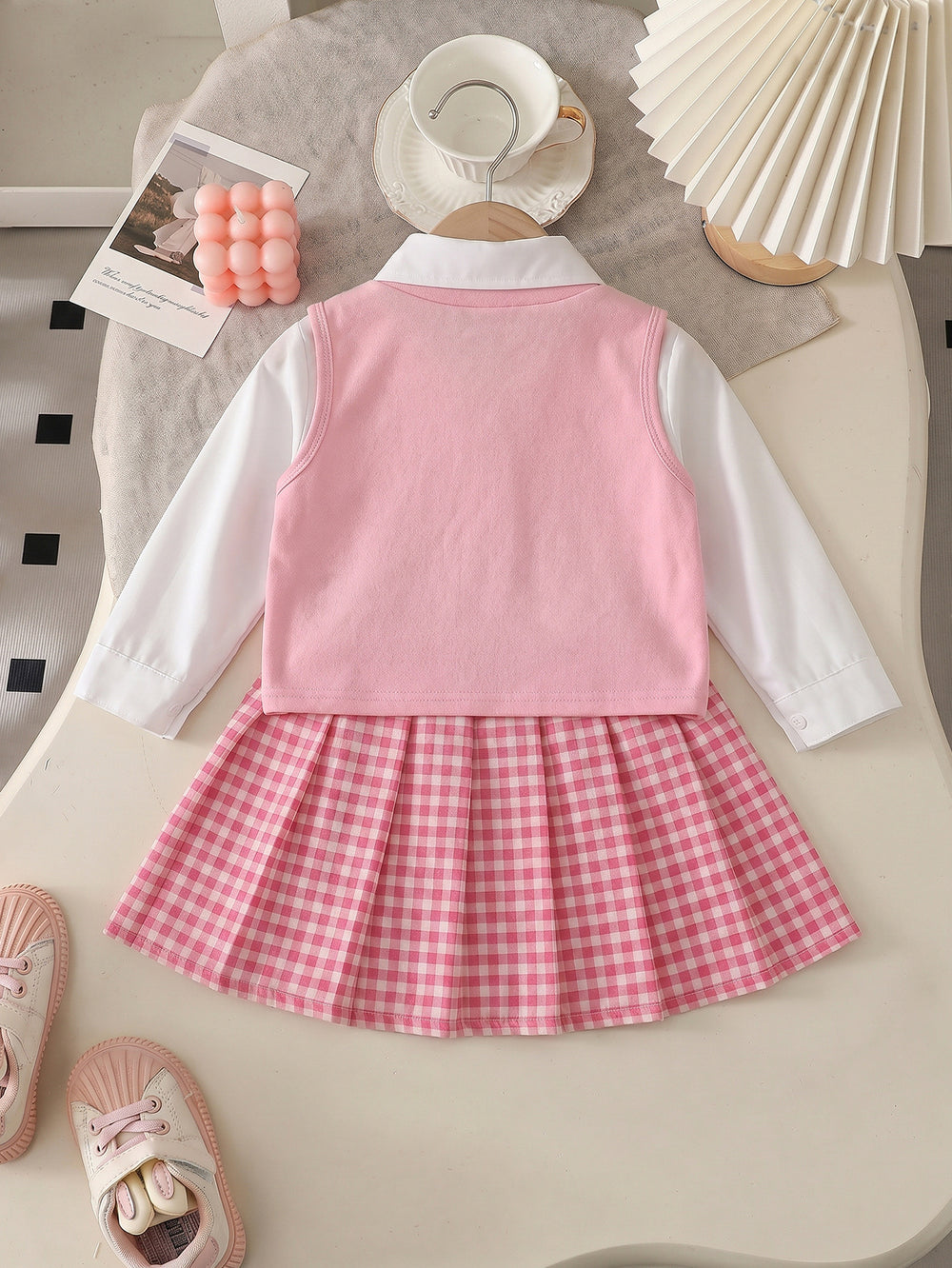 cross-border exclusive: preppy style blouse + knitted cherry print vest + pleated mini skirt three-piece set