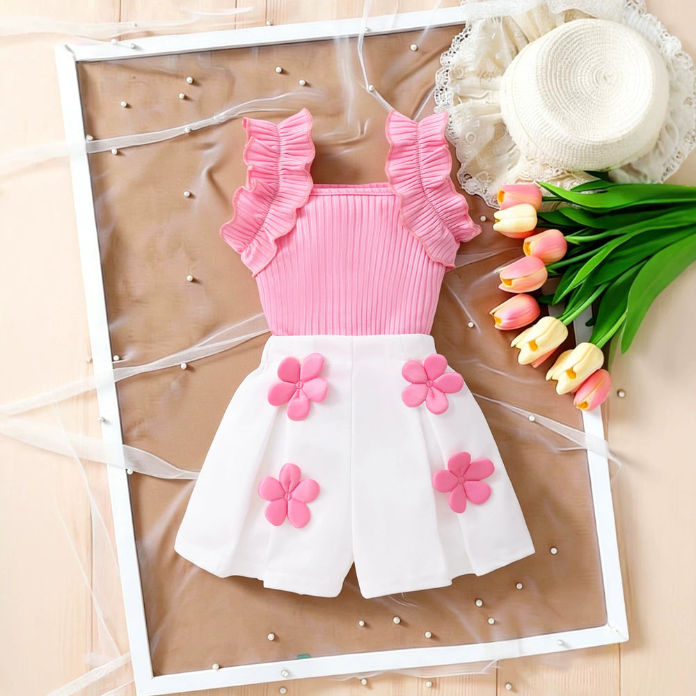 Girls' two-piece set: ruffle-trimmed top + shorts with 3d floral appliqué