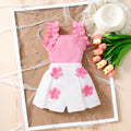 Girls' two-piece set: ruffle-trimmed top + shorts with 3d floral appliqué