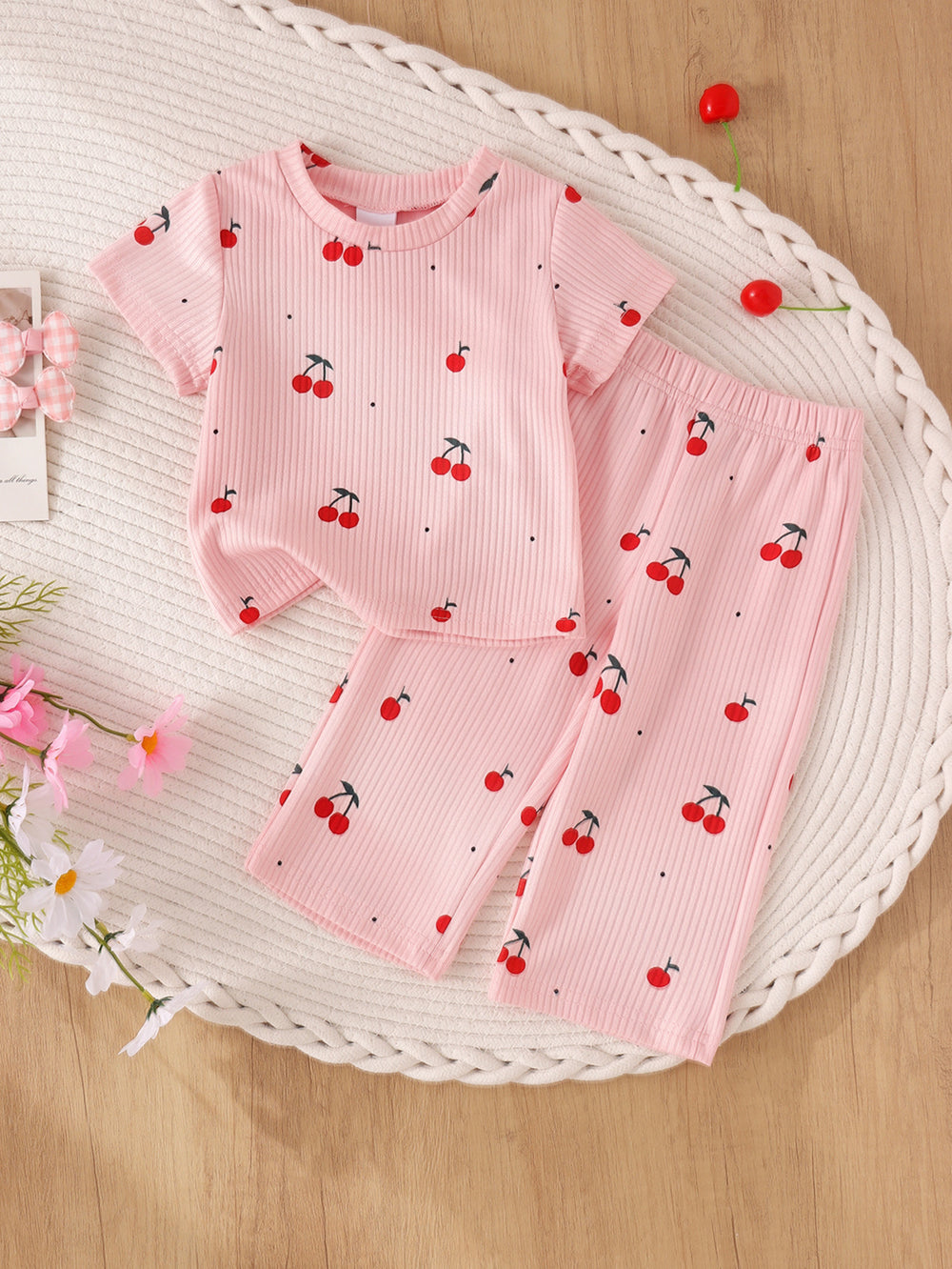 Children's clothing shein cross-border girl suit cherry pink t-shirt + pants two-piece set
