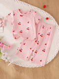 Children's clothing shein cross-border girl suit cherry pink t-shirt + pants two-piece set