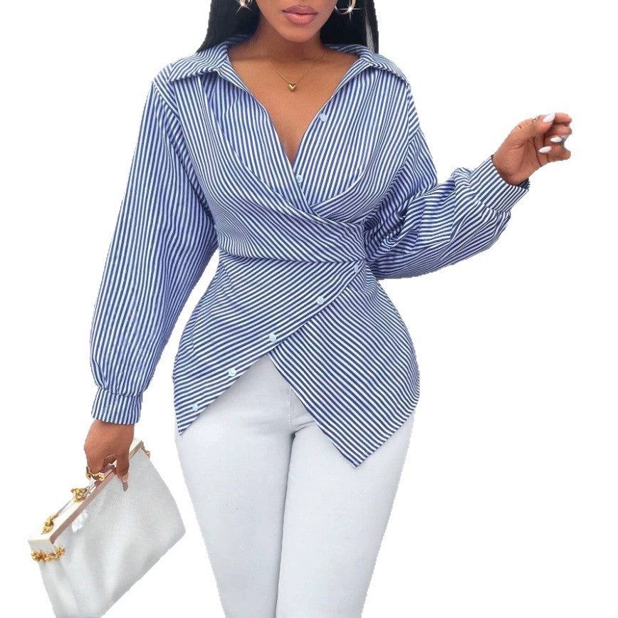 European and american cross-border  hot-selling new spring/summer fashionable sexy versatile striped long-sleeved women's shirt