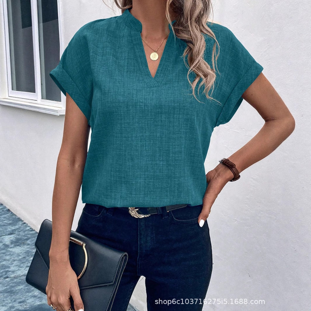European and american cross-border women's fashion:  summer new arrivals - minimalist chic v-neck short-sleeve linen blouse/shirt for women