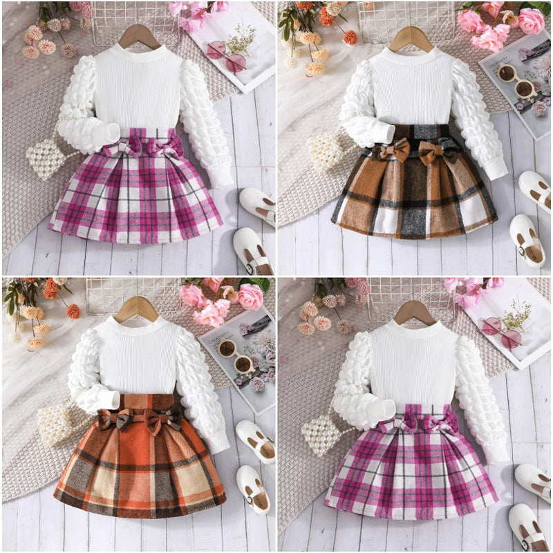 autumn new arrivals: puff sleeve top + plaid midi skirt - european & american style, direct from the manufacturer for cross-border e-commerce, girls' fashion wholesale
