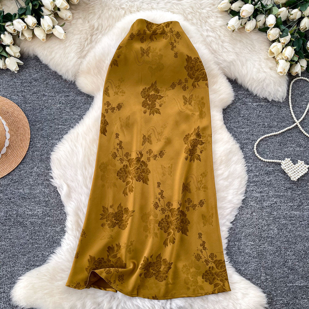 French acetate satin jacquard printed a-line midi skirt - korean style high waist slimming workwear spring new arrival