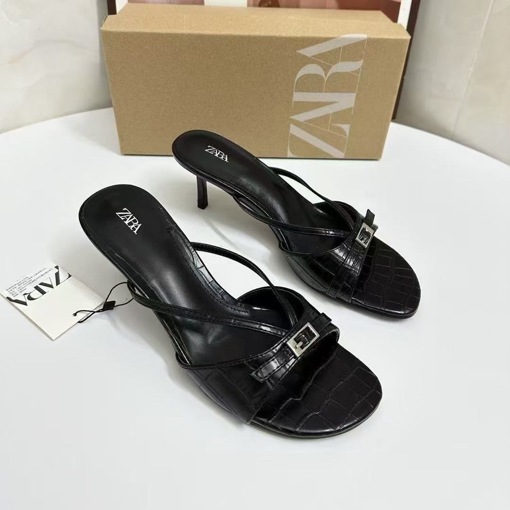 Za women's shoes 2025 summer new arrivals: buckled, embellished, round-toe stiletto sandals - open toe outdoor slides