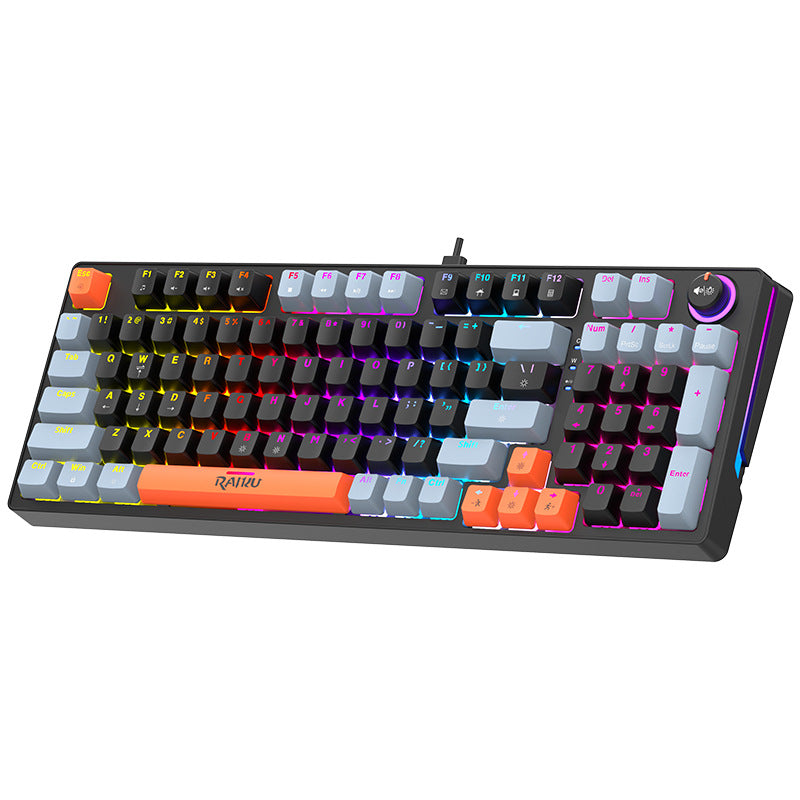 Raiku gk98 illuminated wired rgb mechanical keyboard - 98-key layout, customizable gaming, esports, blue switches, with knob