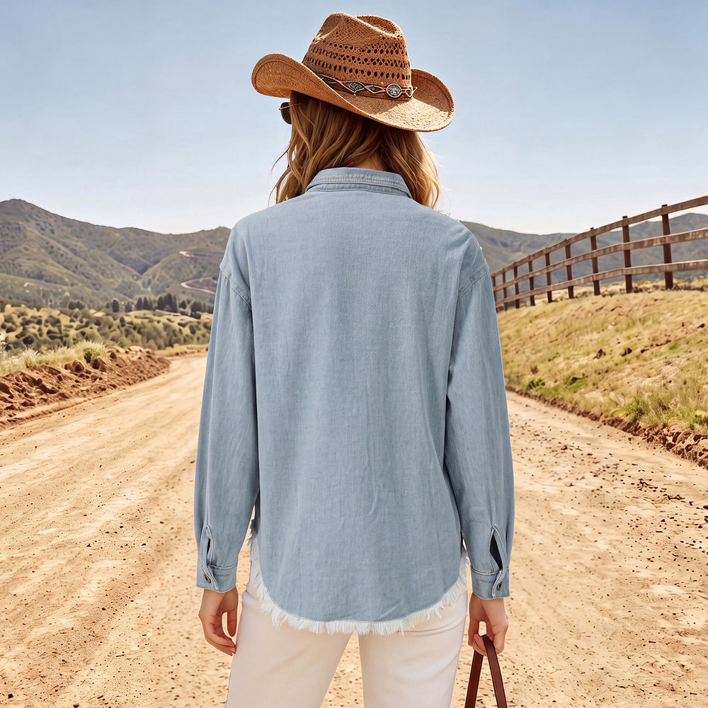 European and american cross-border foreign trade  lapel beaded long sleeves duplex pockets raw edge hem washed denim outwear