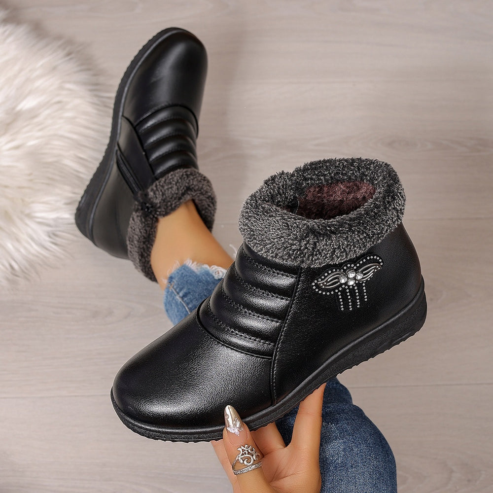 winter women's mid-aged and elderly cotton shoes - flat, non-slip, extra thick, warm, soft-soled, fleece-lined leather ankle boots - wholesale