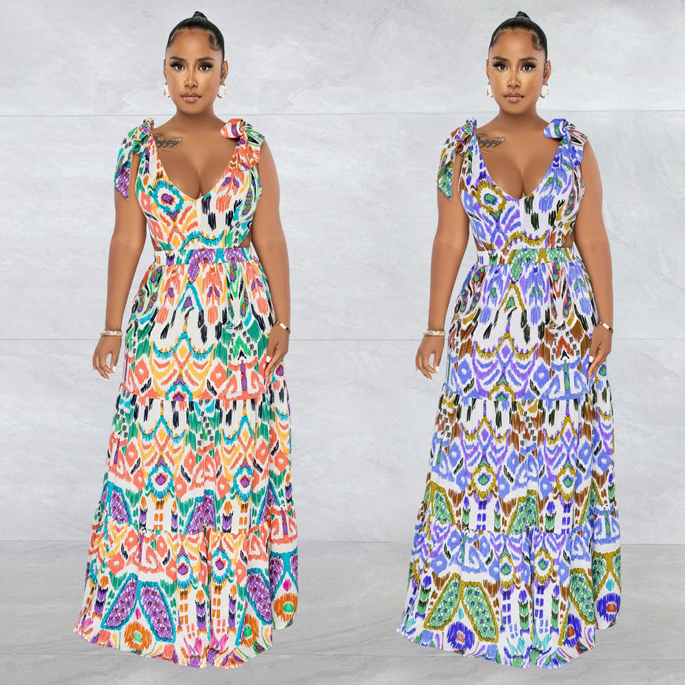 X6270 cross-border   fashion women's sleeveless tie-shoulder maxi dress