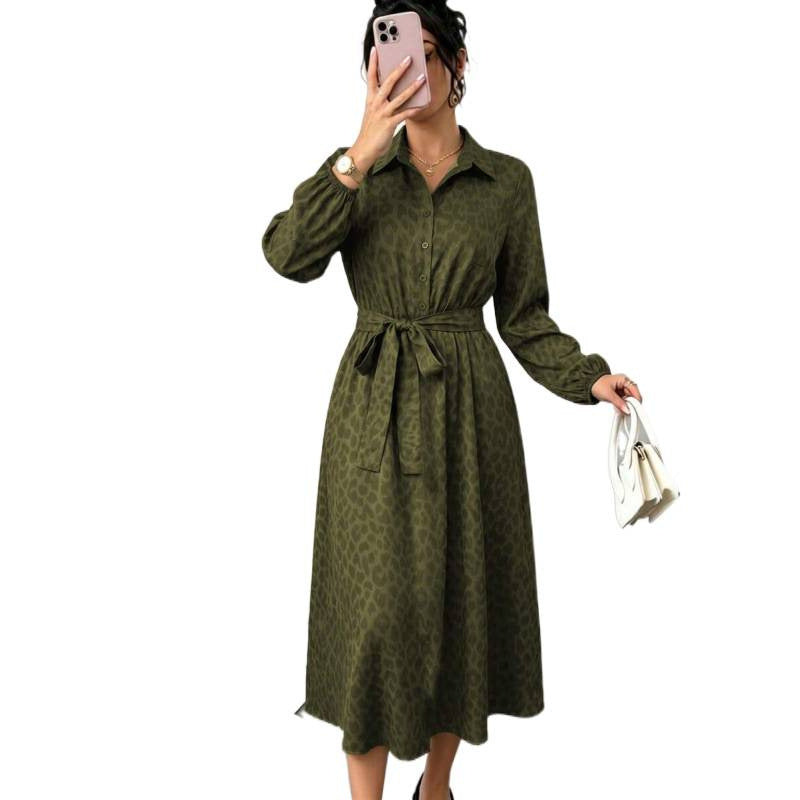fashioneleganceautumtie back design lapel long sleeves button printing medium longdress women