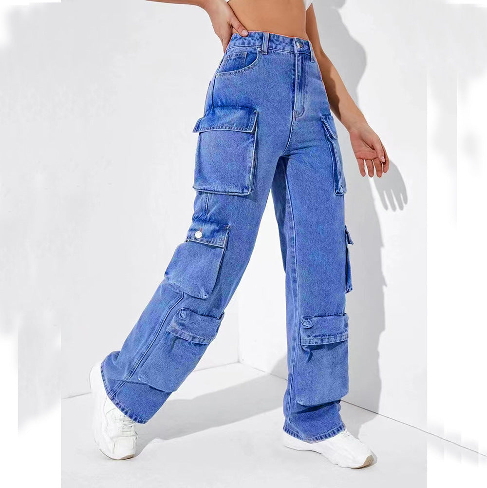 European and american clothing:  fashion hot-selling trendy multi-pocket cargo pants, high-stretch african plus-size jeans