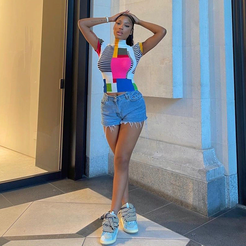 European and American   manufacturers 2022 new street hipster semi-turtleneck women's short-sleeved geometric printing slim-fit T-shirt