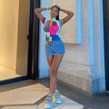European and american cross-border trade manufacturer  new street style trendy mock neck women's short sleeve geometric print slim fit t-shirt