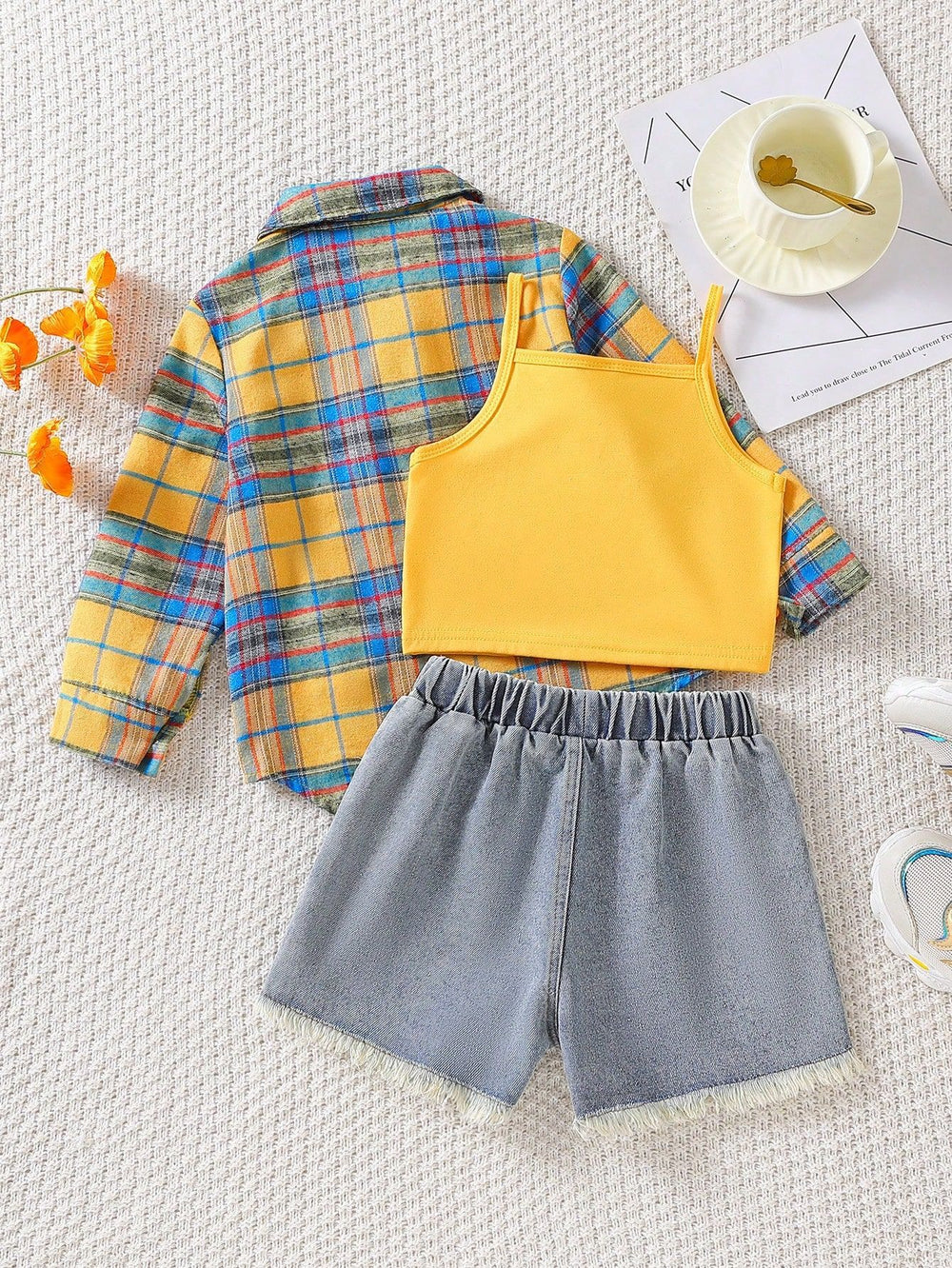 cross-border exclusive lapel plaid shirt camisole + heavy-duty washed beaded jeans three-piece set