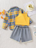 cross-border exclusive lapel plaid shirt camisole + heavy-duty washed beaded jeans three-piece set
