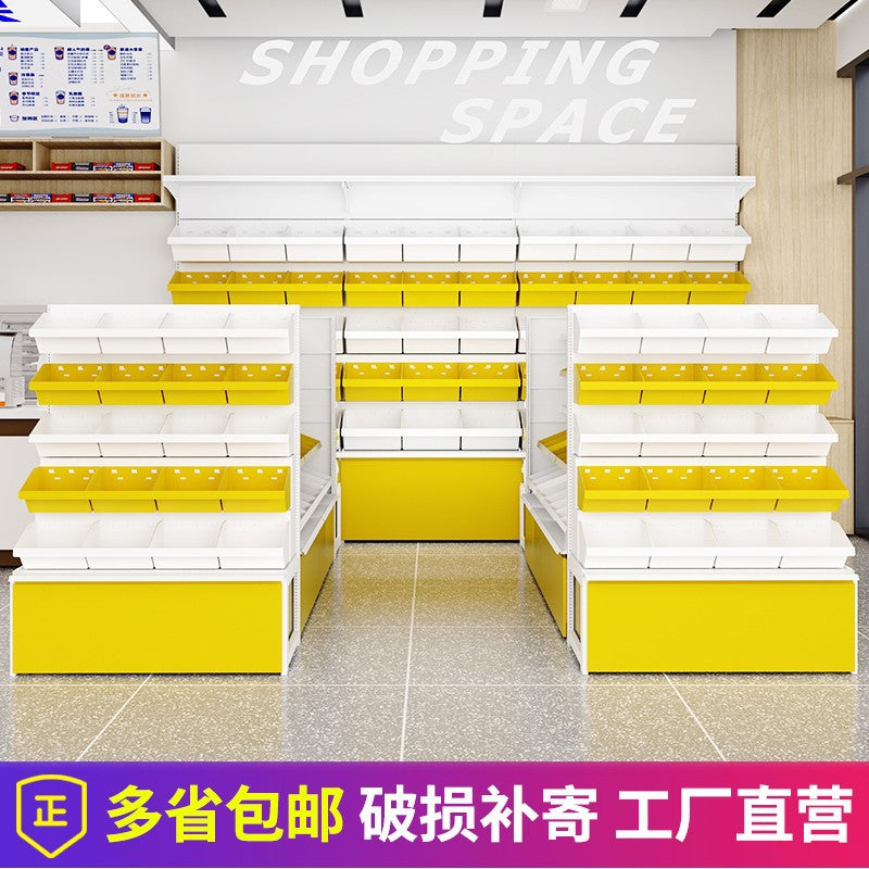 New Internet celebrity snacks, supermarket shelves, small food display racks, bulk bucket boxes, multi-layer shelves