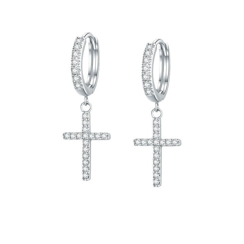 European and american high-end s925 sterling silver ins cross earrings, full zircon personalized stud earrings, trendy and versatile for men and women