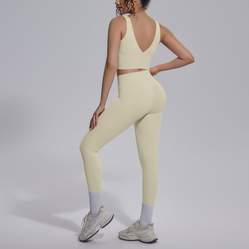 pure color double-sided brocade v-shaped beautiful back breathable tight-fitting yoga suit sports running fitness two-piece set for women