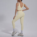 pure color double-sided brocade v-shaped beautiful back breathable tight-fitting yoga suit sports running fitness two-piece set for women