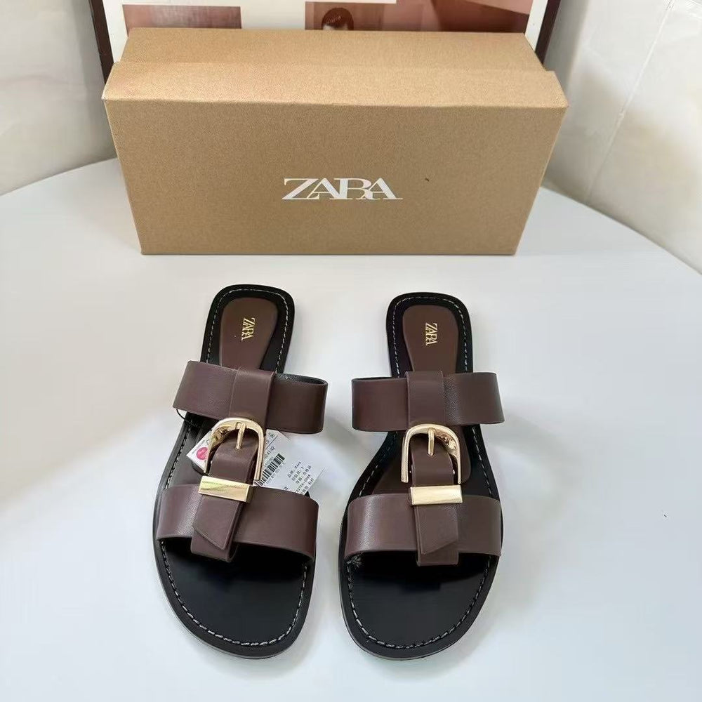 Za2025 summer new round toe thong sandals with buckle, european and american style, versatile everyday beach sandals for women
