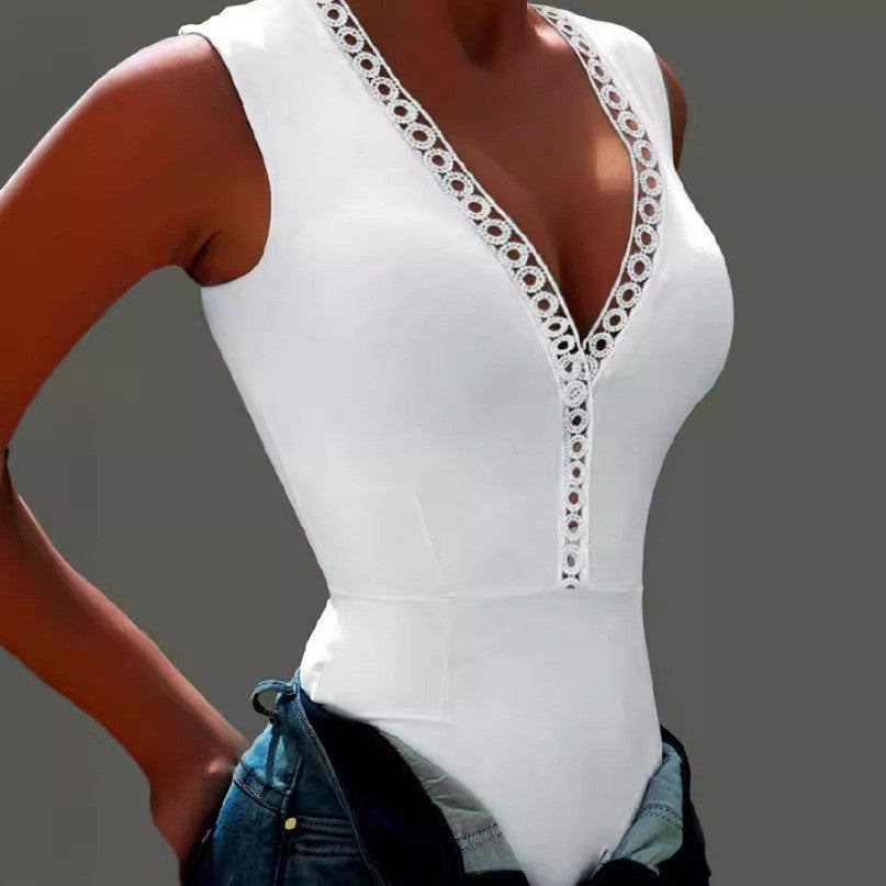 european and american export women's v-neck bodycon jumpsuit solid color sexy triangle cutout tank top pants
