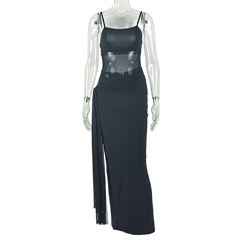 European and american style cross-border women's solid color design cropped bodycon dress - round neck slim fit streetwear maxi dress