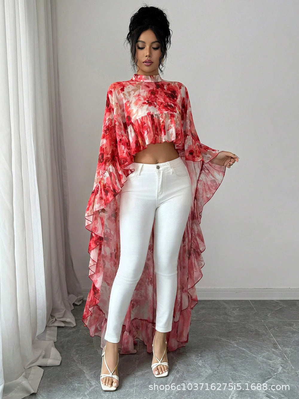 summer cross-border fashion: european & american style stand collar printed ruffle chiffon blouse - vacation-ready flowy cover-up