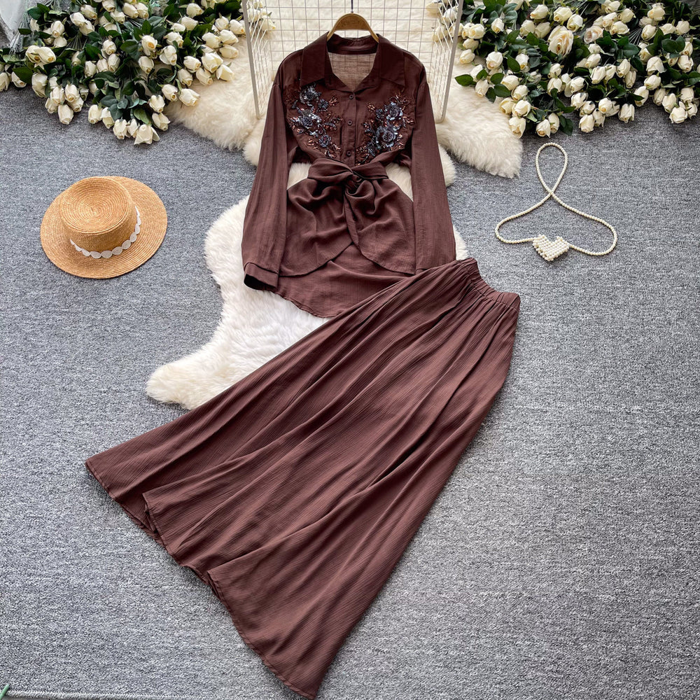 French chic embroidered cardigan & high-waisted midi skirt set - autumn sequin waist-cinching slimming two-piece - premium style