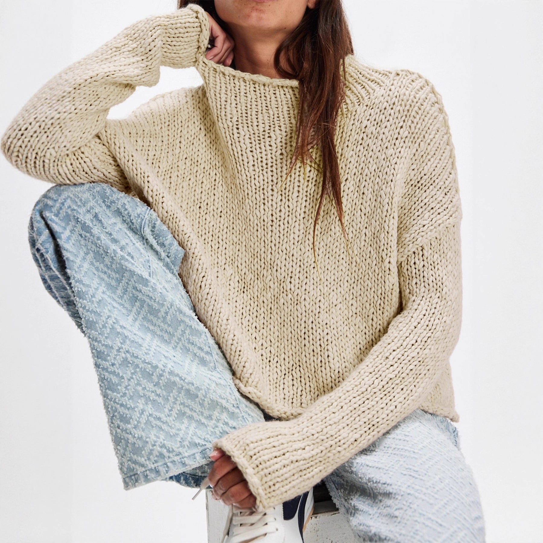 Cross-border Europe, America,  autumn popular women's clothing long-sleeved knitted round neck pullover solid color top high-end sweater