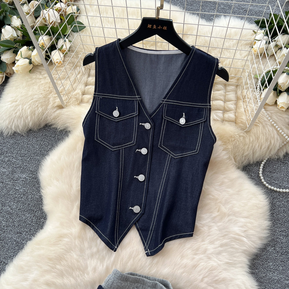 Lightly mature wear women's work clothingfashionv neck sleeveless topstitch flap pocket pants denim topshigh waistdrapedloose pantssuit