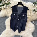 Lightly mature wear women's work clothingfashionv neck sleeveless topstitch flap pocket pants denim topshigh waistdrapedloose pantssuit