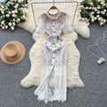 Elegant women's dress -  summer french chic, single-breasted, cinched waist, slim-fit, short sleeve, lace-trimmed slit maxi dress