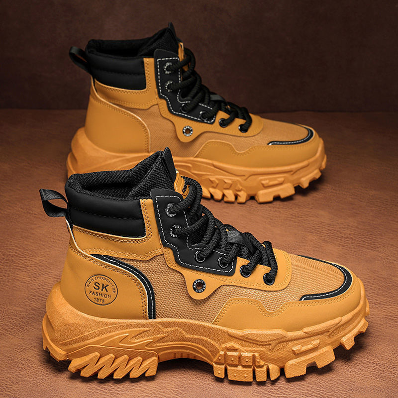 Men's martin boots: spring breathable high-top british style retro work boots, outdoor hiking, desert combat, and yellow boots