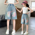 Girl denim shortssummer thin style  summer new style kidshalf length pantschildren's wide leg pants medium pants trendy