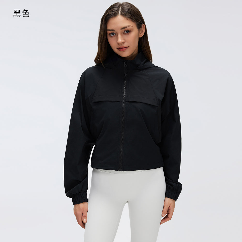 Women's outdoor hooded water-resistant jacket - short, versatile, loose fit, quick-drying, breathable, zip-up sports jacket d26036