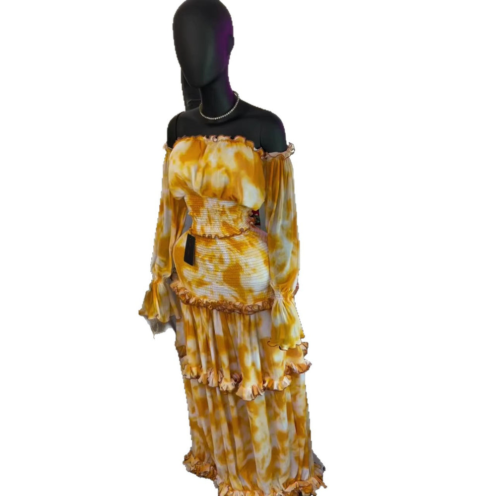 European and american cross-border women's fashion  summer new elegant printed off-the-shoulder ruched flared sleeve top and midi skirt set