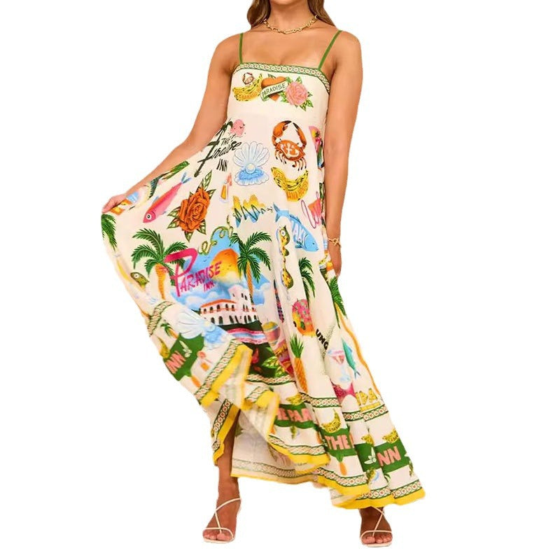 new european and american cross-border women's fashion sexy camisole graffiti linen print maxi dress - style 661
